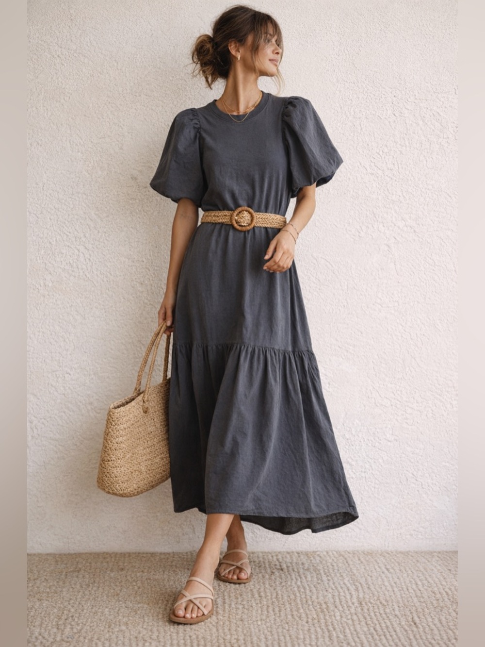 Minimalist Maxi Dress by Nation LTD Puff Sleeve Comfy Coastal Vacation Cruise XS